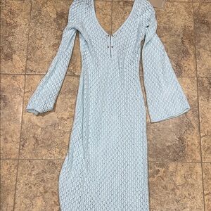 Meshki Sky Blue Long Sleeve Crochet Dress